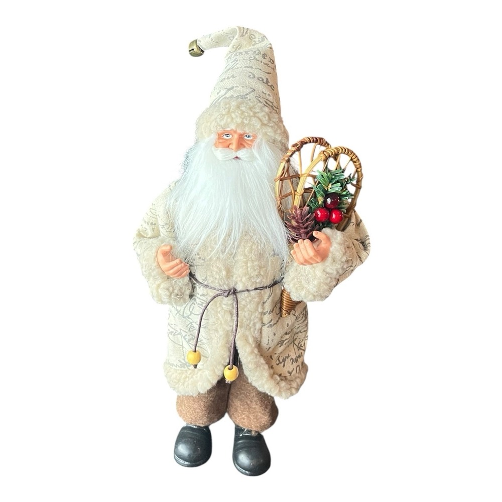 Old World Santa Claus Figure Decor Cream & Gray Outfit Faux Fur Snowshoes 13"